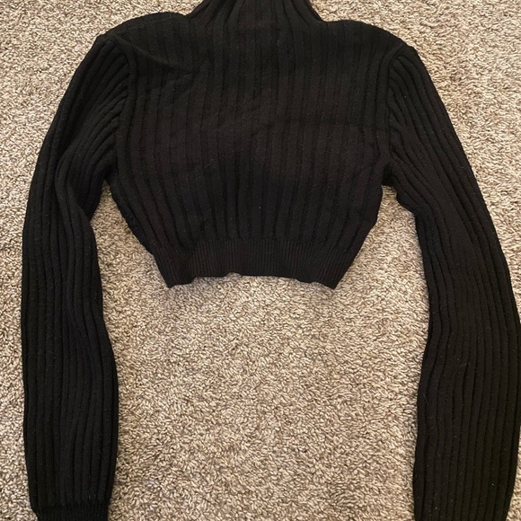 Anthropologie Black Crop Ribbed Knit Sweater with Twist Front - Picture 3 of 10